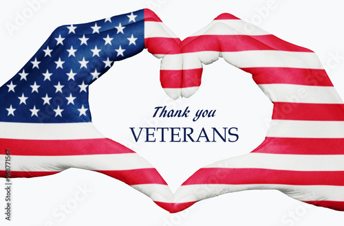US flag painted on hands forming a heart , text Thank you Veterans, american Veterans Day holiday
