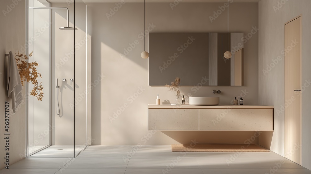 Modern Minimalist Bathroom with Floating Vanity and Glass-Enclosed Shower Modern Minimalist Bathroom with Floating Vanity and Glass-Enclosed Shower