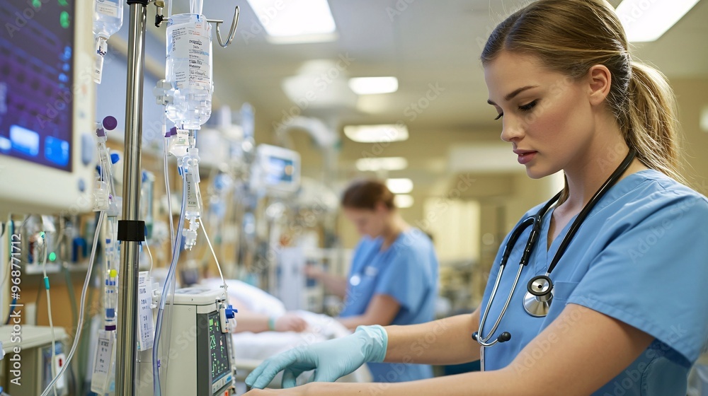 Female Nurse Adjusting Medical Equipment in Hospital Room. Female Nurse Adjusting Medical Equipment in Hospital Room.