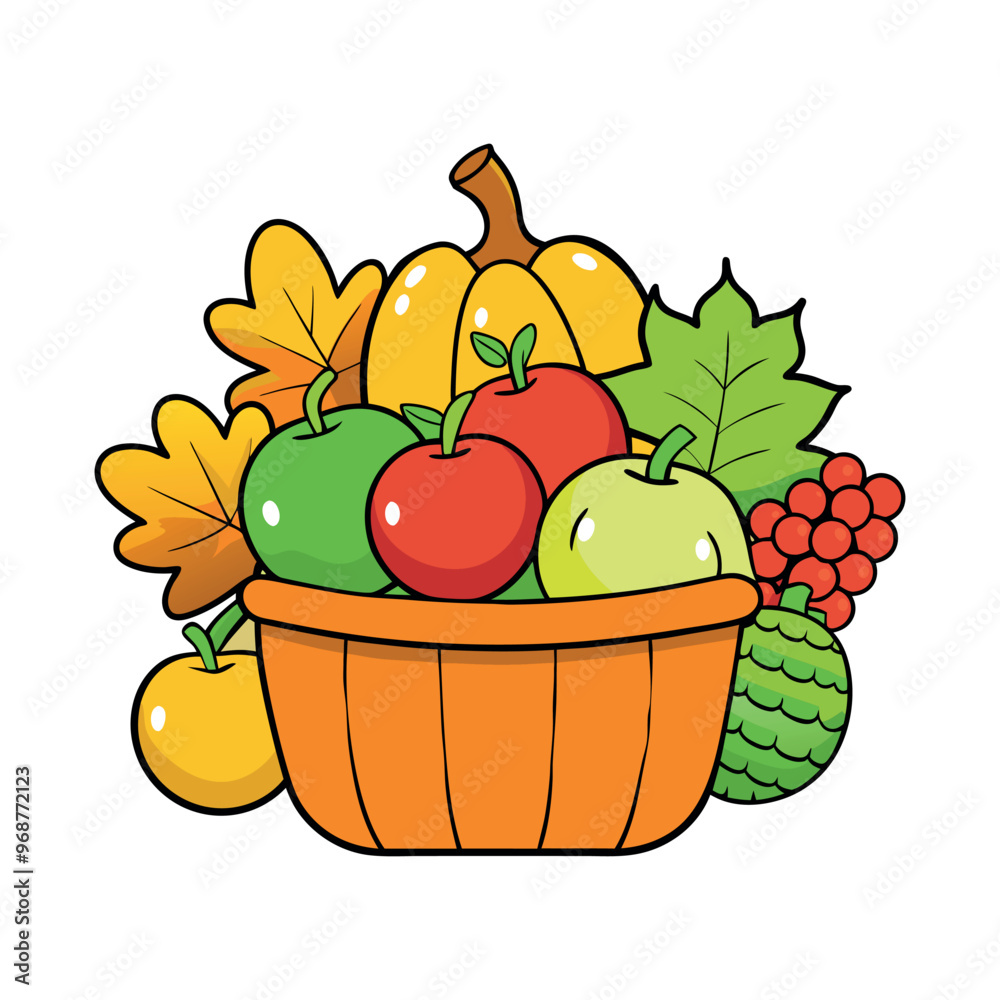 autumn Basket with pumpkin, grapes, apples and pears Clipart isolated vector illustration autumn Basket with pumpkin, grapes, apples and pears Clipart isolated vector illustration