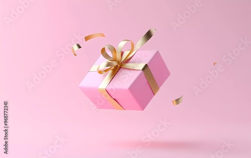 Pink 3D gift box with gold ribbon floating on pastel pink background. 