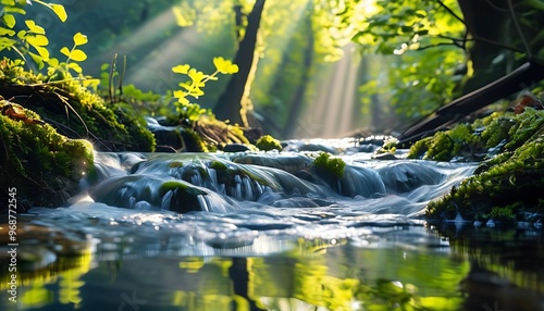 In the peaceful forest, sunlight shines through the leaves on the stream, and the water gurgles, reflecting the charm of nature. photo