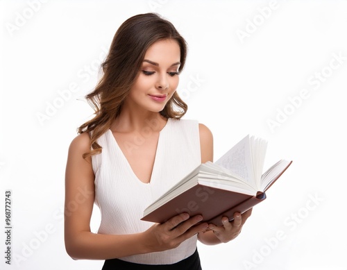 Beautiful Woman Reading Book Isolated on White Background