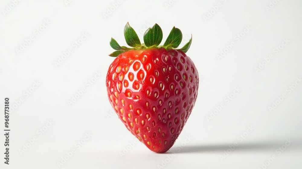 A Single, Ripe Strawberry with Green Leaves on a White Background A Single, Ripe Strawberry with Green Leaves on a White Background