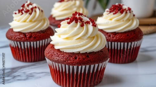 Delicious red velvet cupcakes topped with creamy frosting, perfect for any dessert lover's indulgence. photo