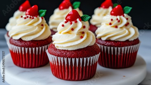 Delicious red velvet cupcakes topped with creamy frosting, cherries, and decorative sprinkles for a perfect dessert treat.