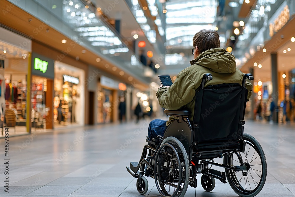 Person in Wheelchair Using a Smartphone in Shopping Mall. Person in Wheelchair Using a Smartphone in Shopping Mall.