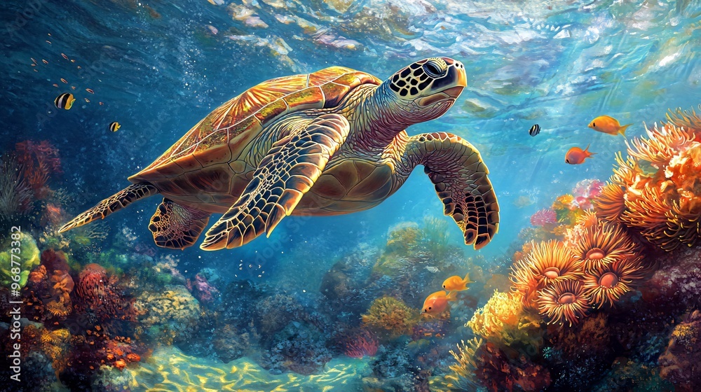 Fototapeta premium A large sea turtle swims gracefully through a vibrant coral reef, surrounded by colorful fish and marine life.