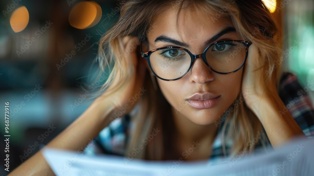 A focused woman reading a newspaper, displaying curiosity and concentration in a cozy cafe setting, perfect for lifestyle themes. A focused woman reading a newspaper, displaying curiosity and concentration in a cozy cafe setting, perfect for lifestyle themes.