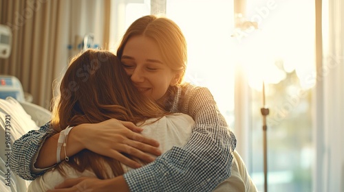 Woman hugging a patient in a hospital room. photo