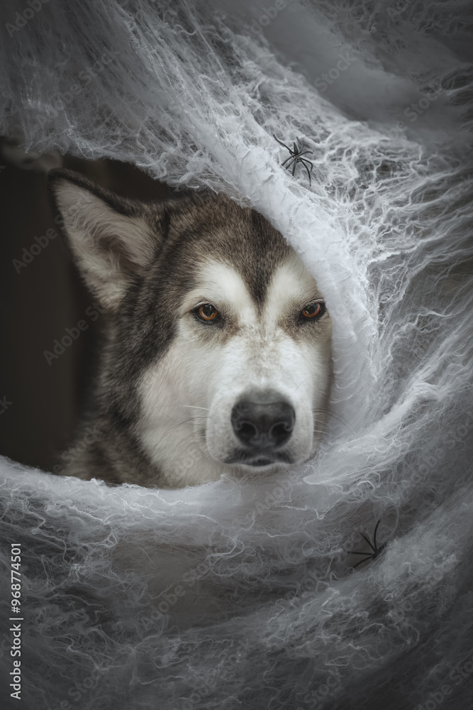 Halloween portrait of dog in a web