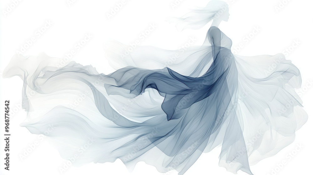 Woman in a Flowing Blue Dress on a White Background Woman in a Flowing Blue Dress on a White Background
