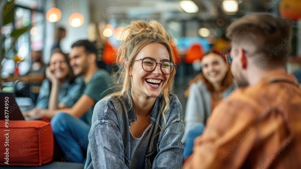 Cheerful woman in glasses smiling during a friendly conversation with friends in a modern workspace. Cheerful woman in glasses smiling during a friendly conversation with friends in a modern workspace.