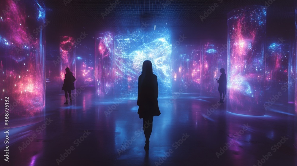 AI-driven holographic digital art displays changing dynamically based on user interaction: Interactive art installations that respond to audience movements and emotions. AI-driven holographic digital art displays changing dynamically based on user interaction: Interactive art installations that respond to audience movements and emotions.