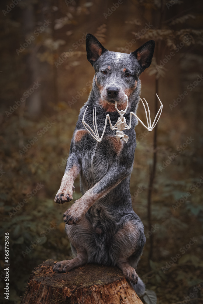 Halloween portrait of dog bat skeleton
