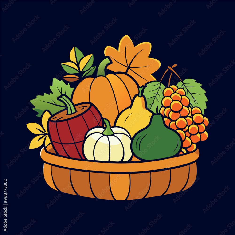 autumn Basket with pumpkin, grapes, apples and pears Clipart isolated vector illustration autumn Basket with pumpkin, grapes, apples and pears Clipart isolated vector illustration