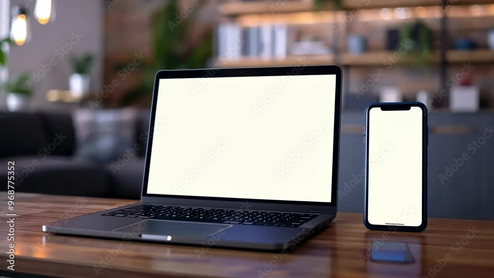 A modern workspace featuring a laptop and smartphone on a wooden desk A modern workspace featuring a laptop and smartphone on a wooden desk