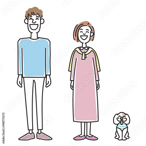 おしゃれな若い夫婦と可愛い子犬

