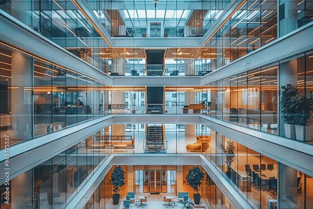 Modern office interior showcasing glass architecture and vibrant lighting, creating an inviting work environment. Modern office interior showcasing glass architecture and vibrant lighting, creating an inviting work environment.