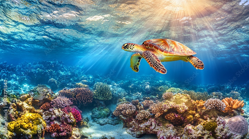 A sea turtle swims through a vibrant coral reef, illuminated by the sun's rays. A sea turtle swims through a vibrant coral reef, illuminated by the sun's rays.