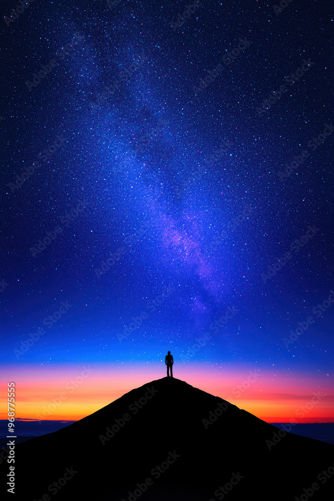 A silhouetted figure on a hill against a breathtaking starry sky and vibrant sunset colors, evoking wonder and solitude. A silhouetted figure on a hill against a breathtaking starry sky and vibrant sunset colors, evoking wonder and solitude.