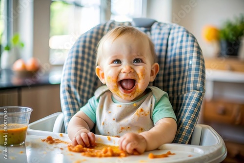 Little toddler learning how to feed himself, trying healthy food lunch time at home baby led weaning. Vegetarian child.