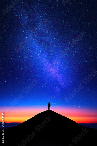 A silhouetted figure on a hill against a breathtaking starry sky and vibrant sunset colors, evoking wonder and solitude.