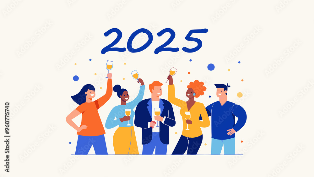 Fototapeta premium happy men and women with glasses of champagne, 2025, poster, banner, calendar or greeting card, design, greeting, web banner or billboard with 2025, background