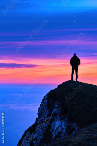 A solitary figure stands atop a cliff, gazing at a stunning sunset over the horizon, with vibrant colors painting the sky.