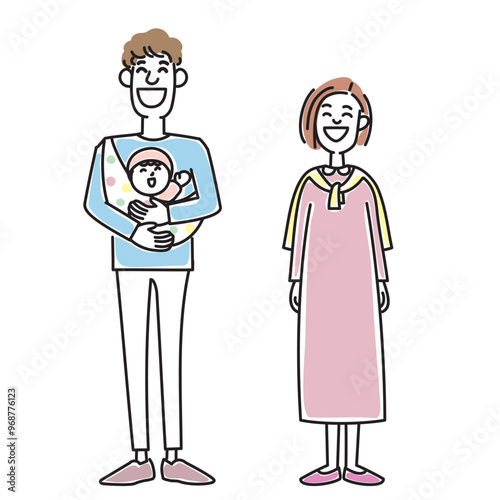 赤ちゃんを抱っこするおしゃれな若い夫婦