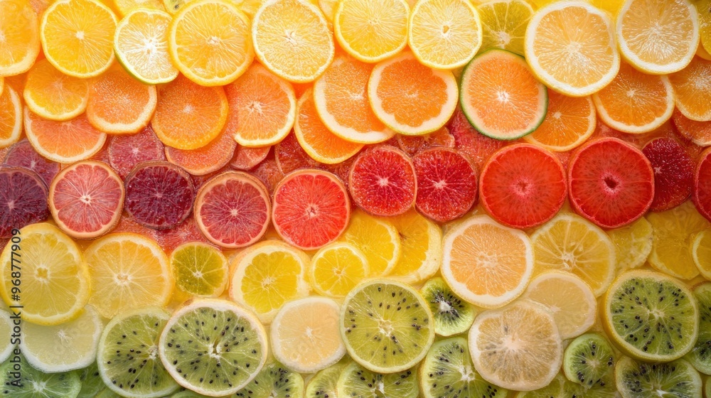 Close-up of colorful fruit slices arranged in a gradient Close-up of colorful fruit slices arranged in a gradient