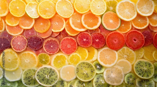 Close-up of colorful fruit slices arranged in a gradient photo