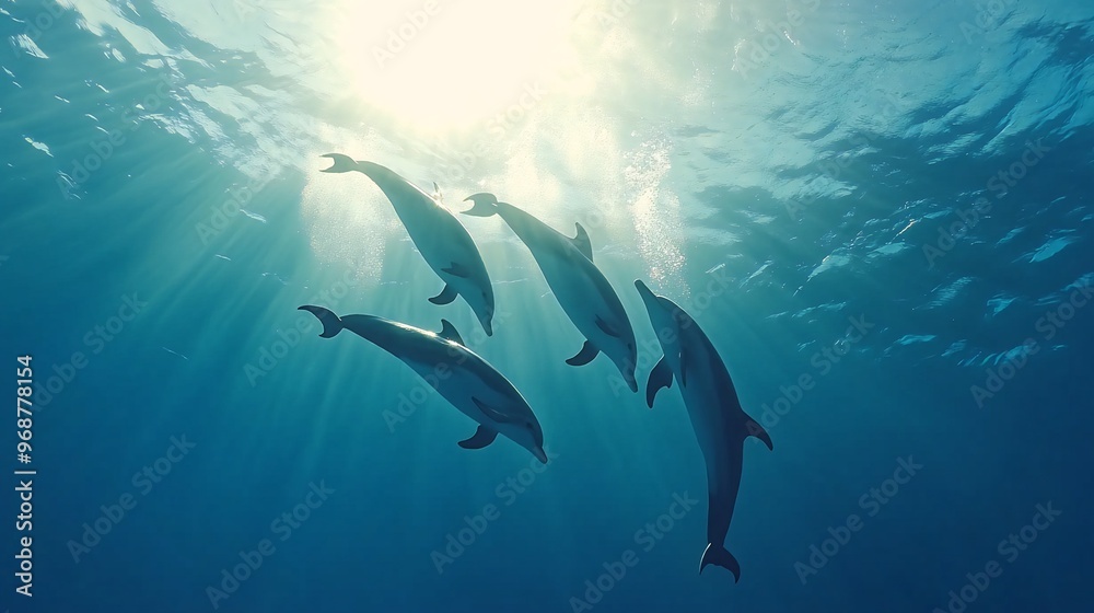 Fototapeta premium A pod of dolphins swim in the blue ocean with sunlight shining through the surface.