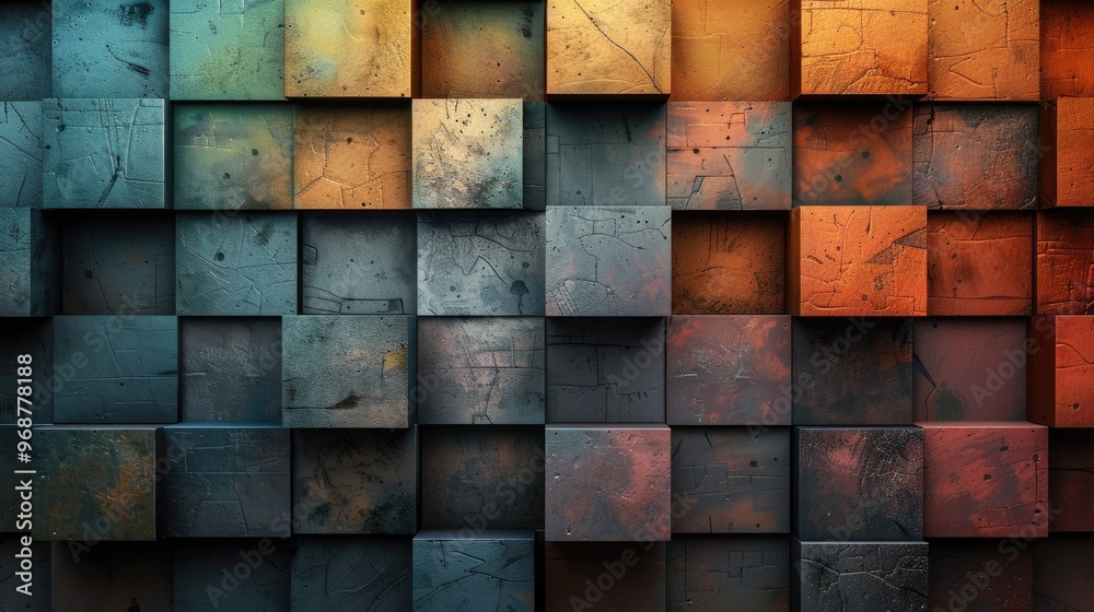 Abstract composition highlighting a close-up of a colorful grid of wooden planks in blue, green, brown, and gray. Abstract composition highlighting a close-up of a colorful grid of wooden planks in blue, green, brown, and gray.