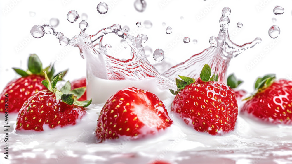 Fresh strawberry splashing into creamy yoghurt isolated on white background. Fresh strawberry splashing into creamy yoghurt isolated on white background.