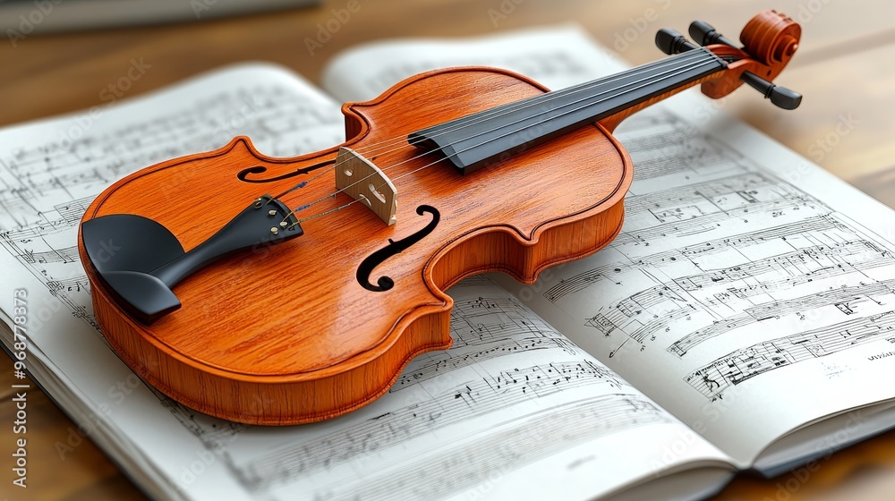 Fototapeta premium A beautifully crafted violin resting on a musical sheet, perfect for conveying artistry and passion in music.