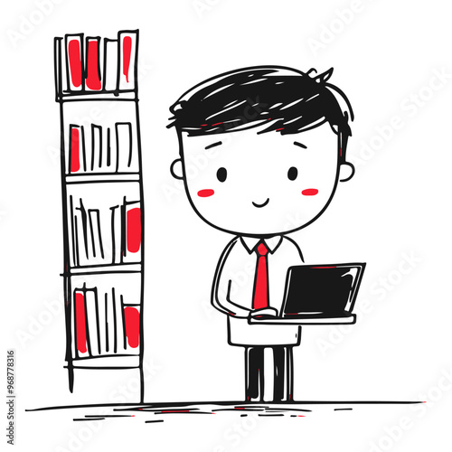 Man in red tie thinking and looking a laptop at his office or library, vector illustration, against a white background