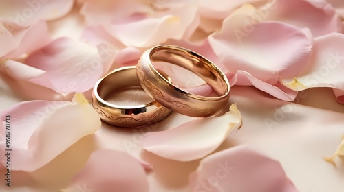 Elegant wedding rings placed on beige surface in light room with minimalist interior