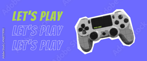 Let's play retro collage concept with video game console in dotted style. Playing controller game element with halftone effect on violet background. Vector