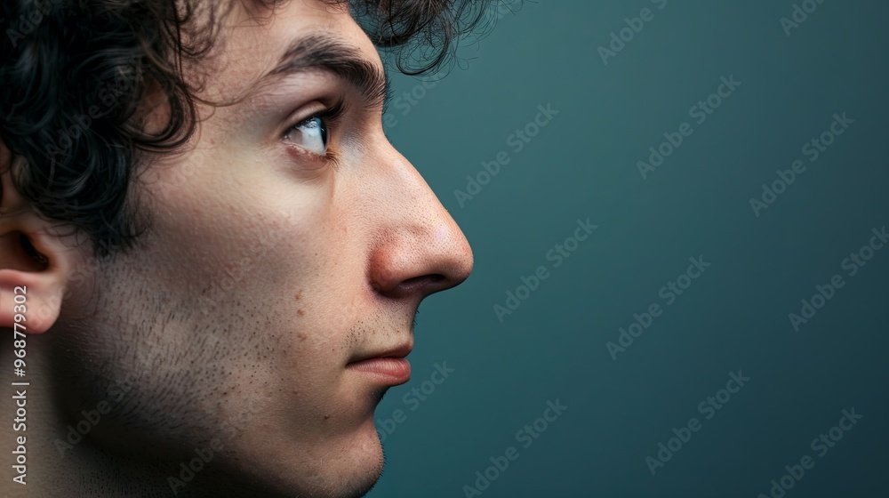 Profile portrait of a young man with a big nose with a hump. Isolated blue background with copy space. The concept of a bright male appearance