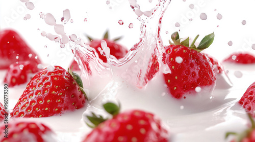 Fresh strawberry splashing into creamy yoghurt isolated on white background.
