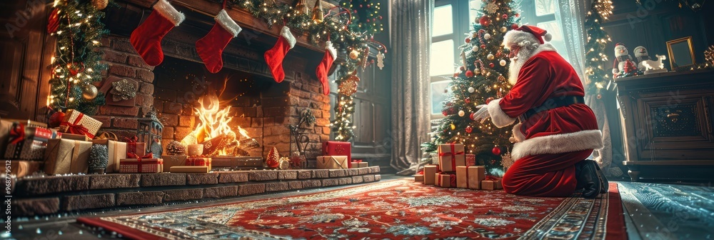Santa decorating a Christmas tree by the fireplace with gifts in a cozy living room Santa decorating a Christmas tree by the fireplace with gifts in a cozy living room