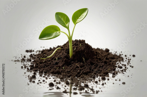 Fresh green sprout in rich dark soil, isolated on white, symbolizing growth and natural beauty. photo