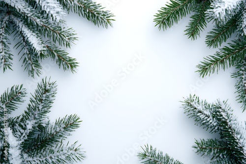 Snow-covered pine branches frame a white background, creating a wintery border.