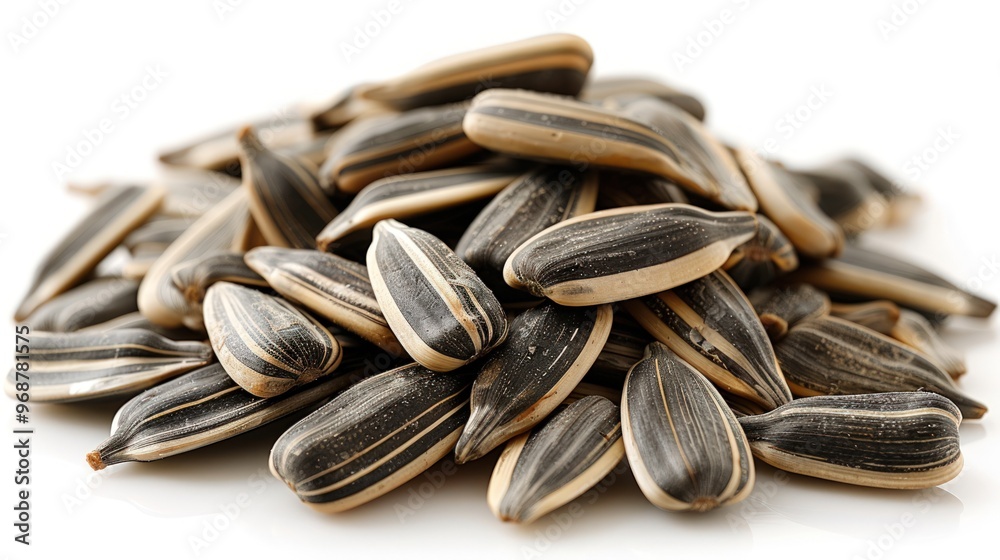 A pile of black and white sunflower seeds isolated on a white background. A pile of black and white sunflower seeds isolated on a white background.