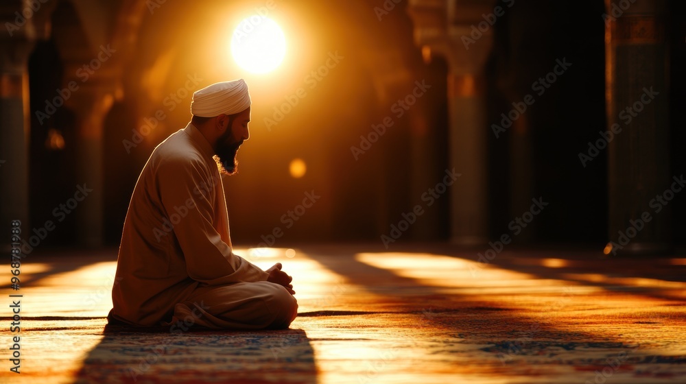 A man in traditional attire meditates peacefully in a sunlit mosque, creating a serene atmosphere of spirituality and contemplation. A man in traditional attire meditates peacefully in a sunlit mosque, creating a serene atmosphere of spirituality and contemplation.