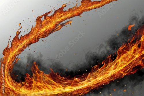 Dynamic fire with vivid red, orange, and yellow flames isolated on white, capturing intense movement. photo