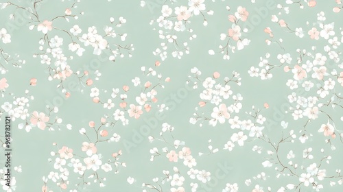 Wallpaper Mural Watercolor Floral Pattern with White and Pink Flowers on a Green Background Torontodigital.ca