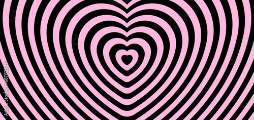 Gothic heart tunnel background. Groovy cover with hypnotic effect, love wallpaper in pink and black colors. Vector illustration