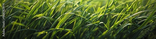 Field of green grass and blooming daisies and dandelions, a lawn in spring.